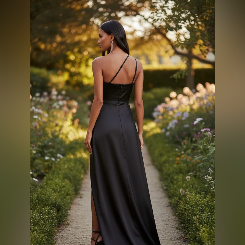 Lulus Signature Elegance Black Satin One-Shoulder Maxi Dress Size Large New NWT - Picture 9 of 13